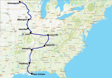 Mapa de la ruta de la música americana en moto